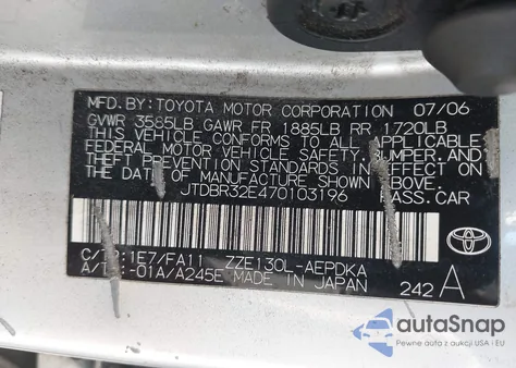 2007 Toyota Corolla Ce from USA, damaged, VIN JTDBR32E470103196